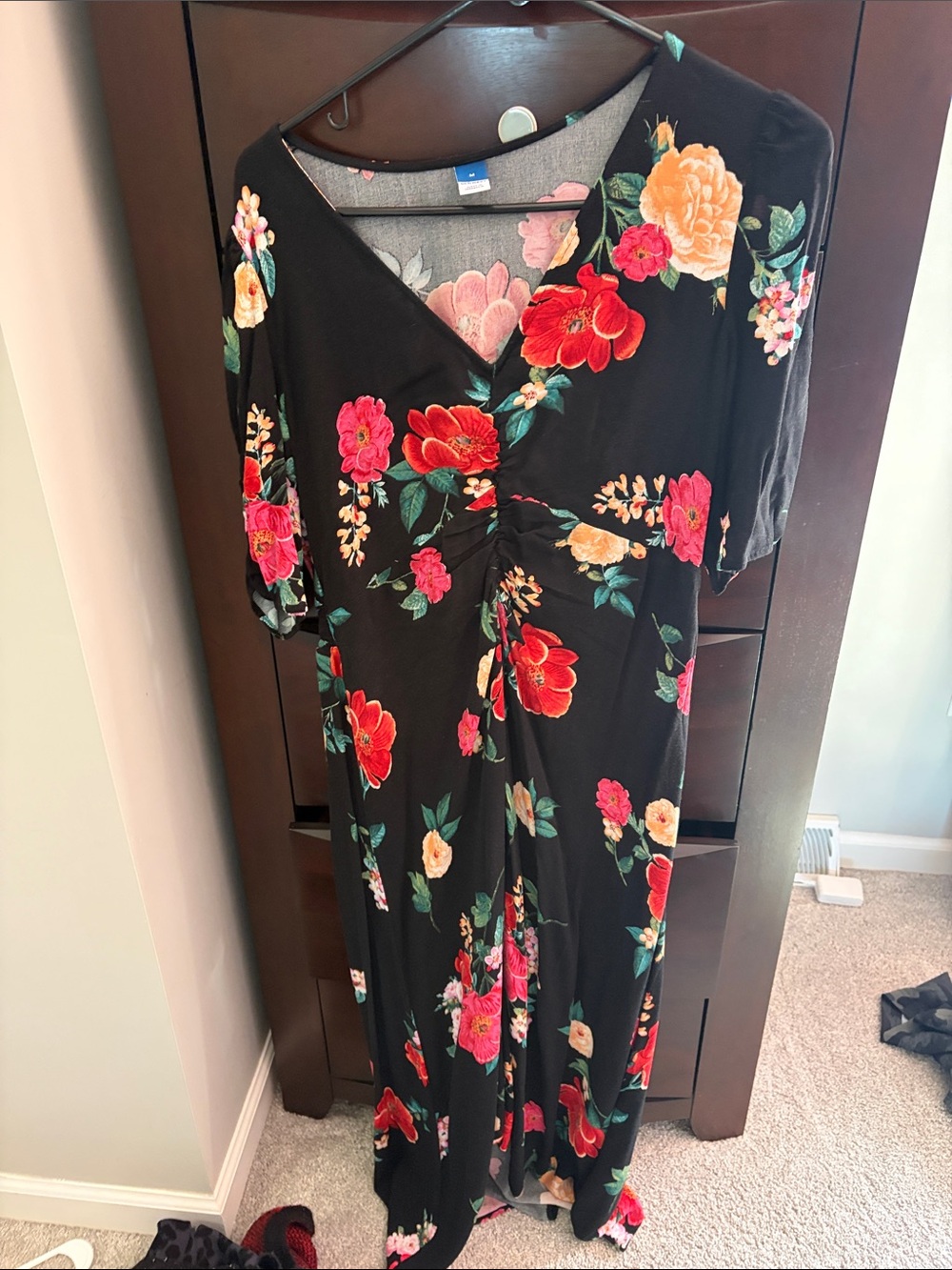 Old Navy Black Floral Maxi Dress with Red, Pink, Yellow Flowers
